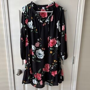 Old Navy Black Floral Print Long Sleeve Mini Dress
